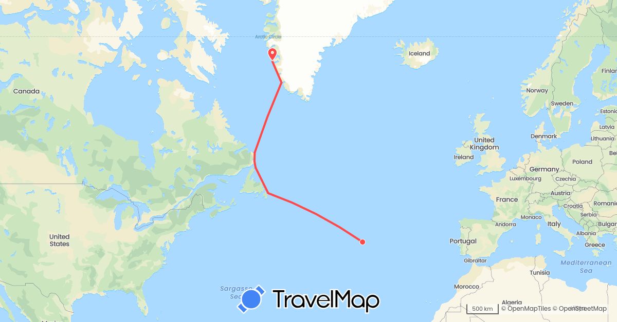 TravelMap itinerary: driving, hiking in Canada, Greenland, Portugal (Europe, North America)